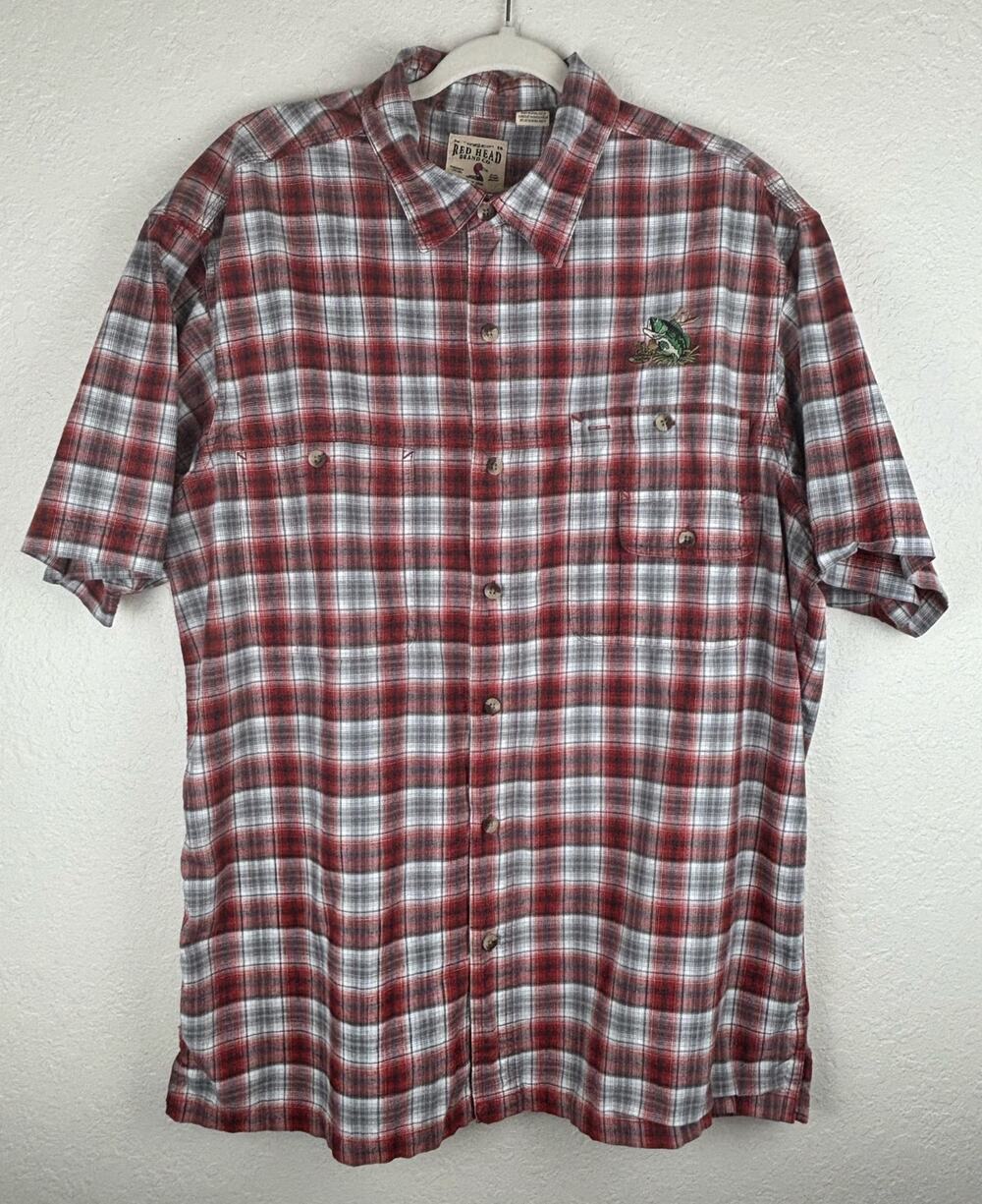 Red Head Brand Bass Pro Short Sleeve Red Plaid Button Down Shirt Size XL